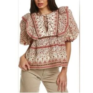 NWT Calypso St Barth Floral Ruffle Blouse Puff Sleeves Cream and Red Size Small